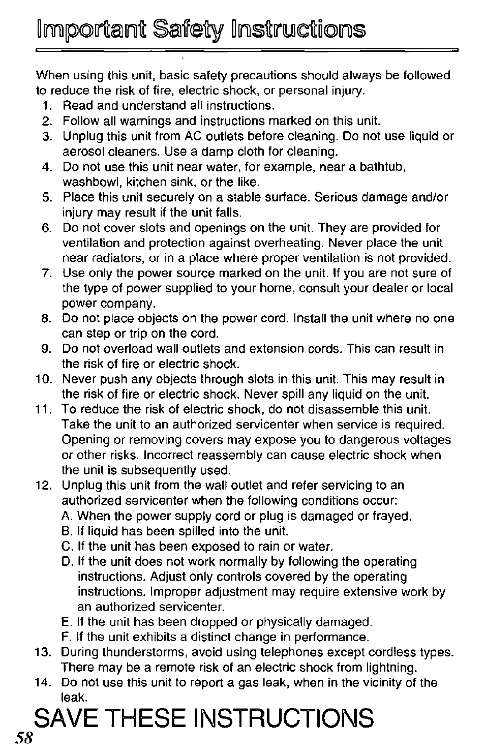 Impootaiinilï safety idusfirydtdoinis, Save these instructions | Panasonic KX-TCM420-B User Manual | Page 58 / 64