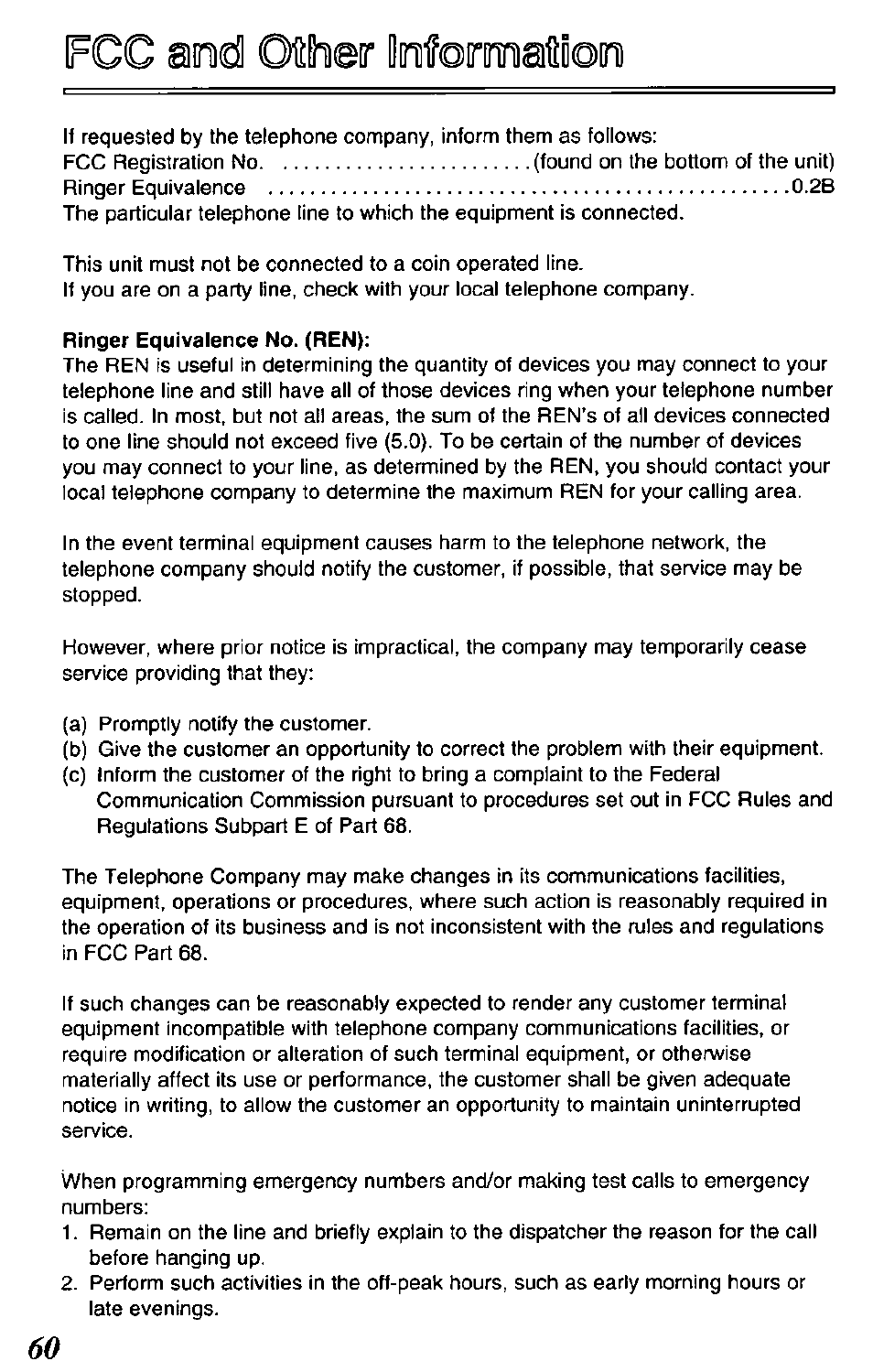 Fcc aodl other limforinniatdoini, Ringer equivalence no. (ren) | Panasonic KX-TCM420-B User Manual | Page 60 / 64