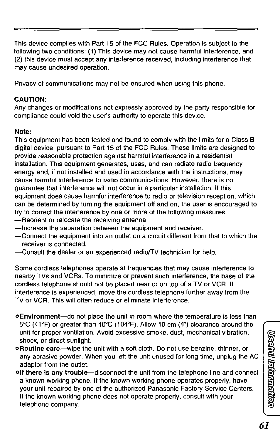 Caution, Note | Panasonic KX-TCM420-B User Manual | Page 61 / 64