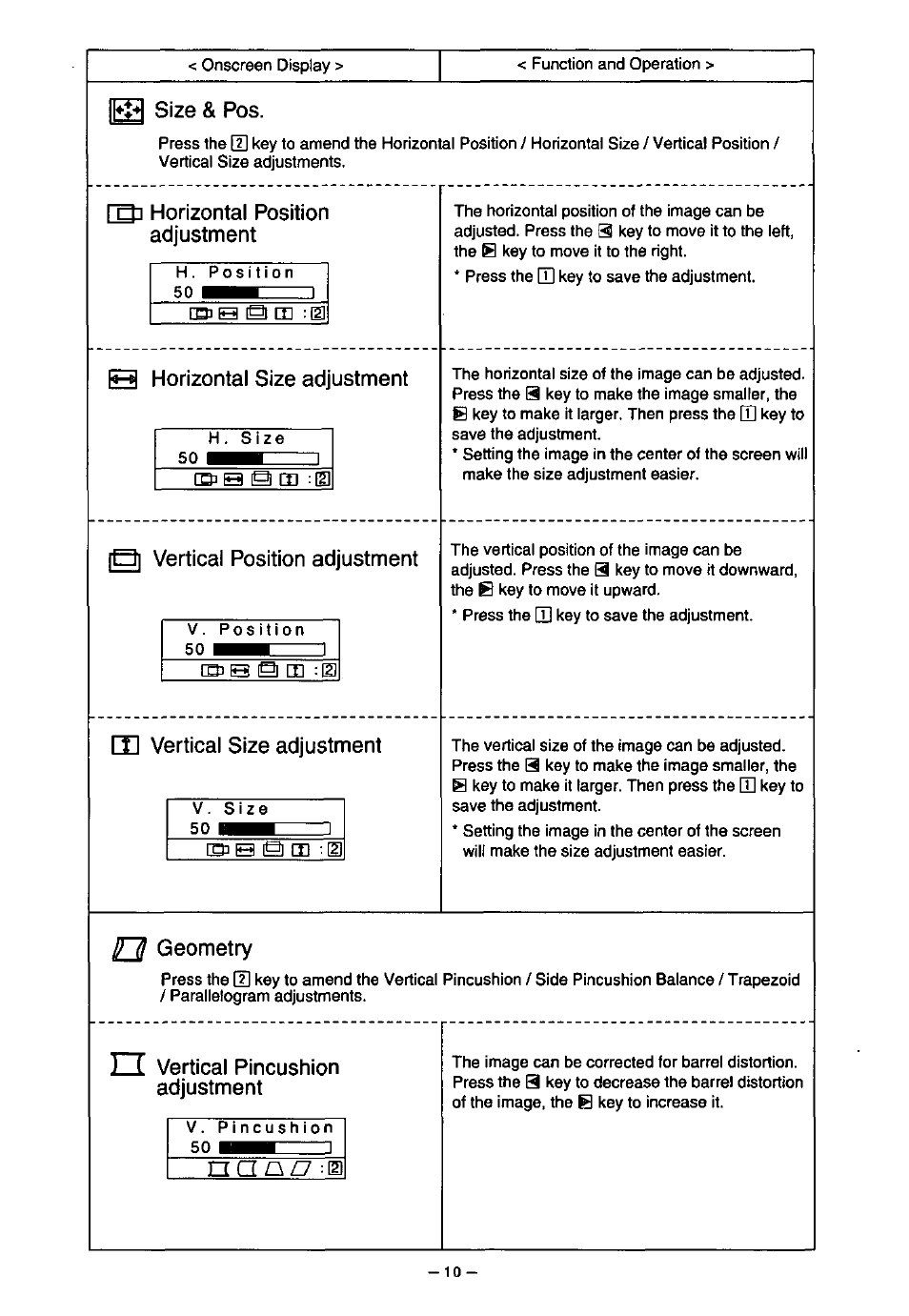 N a o ^ n, Size, Horizontal position adjustment | B horizontal size adjustment, Bl vertical position adjustment, M vertical size adjustment, Geometry, O vertical pincushion adjustment | Panasonic PanaSync S70 User Manual | Page 15 / 65