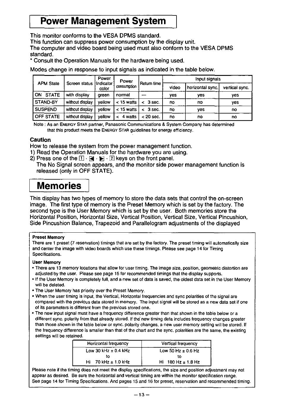 Power management system, Caution | Panasonic PanaSync S70 User Manual | Page 18 / 65