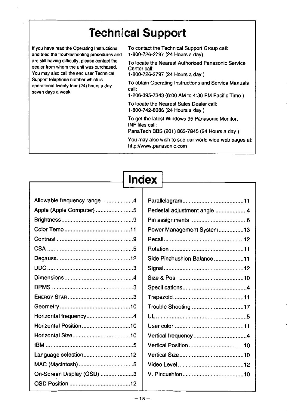 Technical support | Panasonic PanaSync S70 User Manual | Page 23 / 65