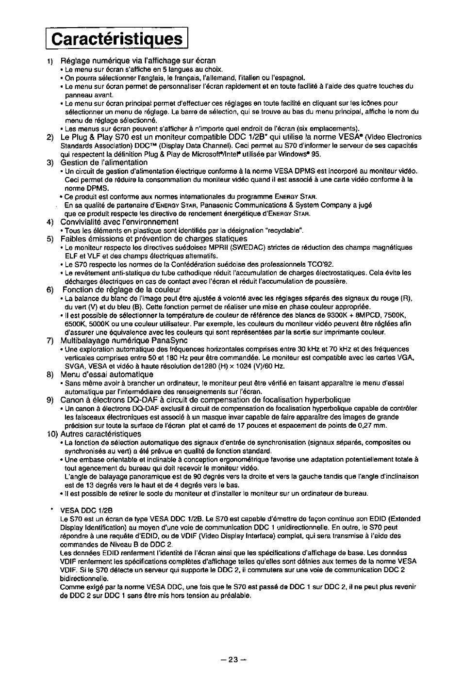 Caractéristiques | Panasonic PanaSync S70 User Manual | Page 28 / 65