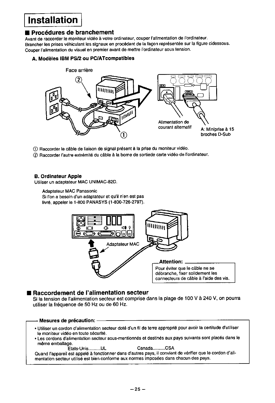 Installation, Procédures de branchement, Raccordement de talimentation secteur | Panasonic PanaSync S70 User Manual | Page 30 / 65