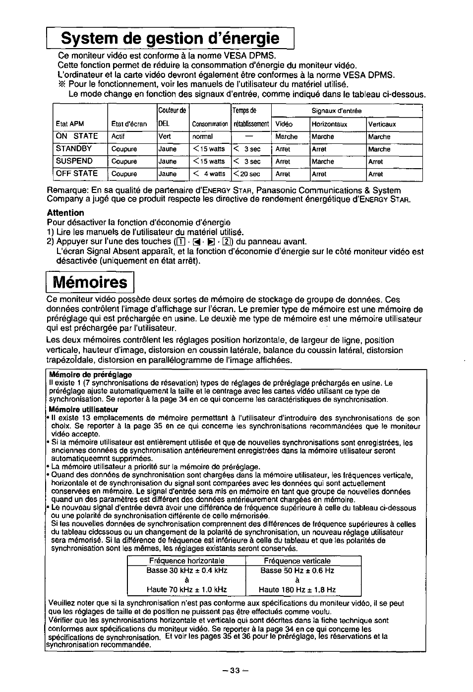 System de gestion d’énergie, System de gestion d'énergie, Mémoires | Panasonic PanaSync S70 User Manual | Page 38 / 65