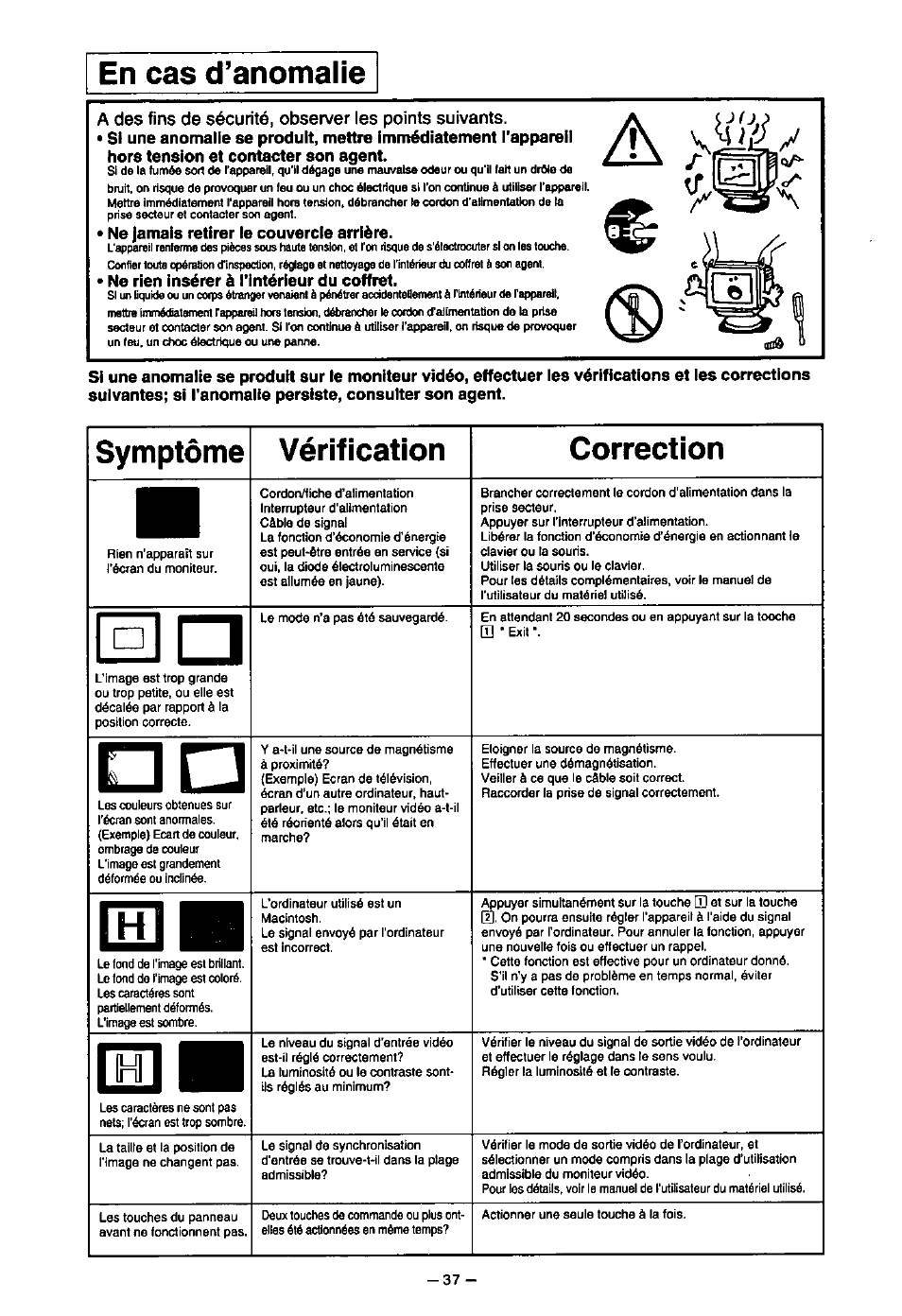 En cas d’anomalie, Fîtim, Symptôme vérification correction | Panasonic PanaSync S70 User Manual | Page 42 / 65