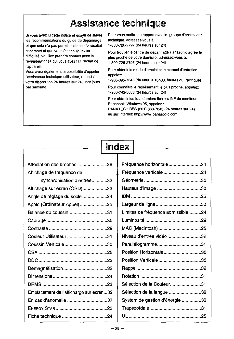 Assistance technique, Index | Panasonic PanaSync S70 User Manual | Page 43 / 65