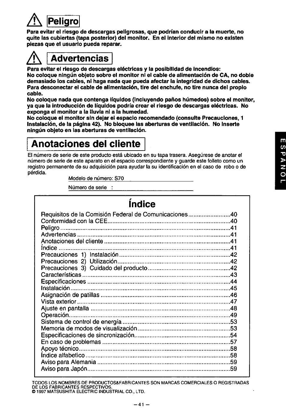 Ipellgro, Advertencias, Anotaciones del cliente | Indice | Panasonic PanaSync S70 User Manual | Page 46 / 65