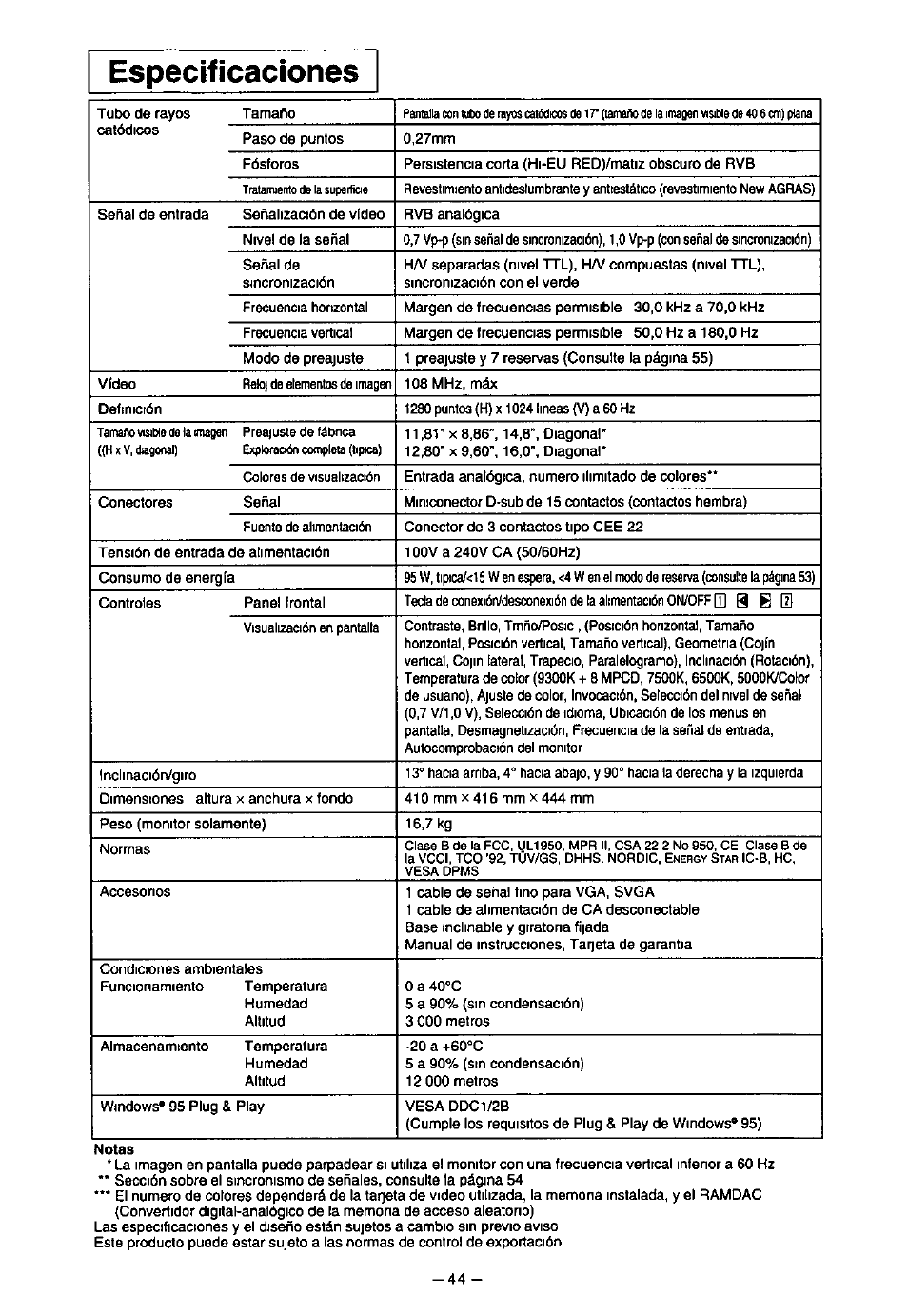 Especificaciones | Panasonic PanaSync S70 User Manual | Page 49 / 65