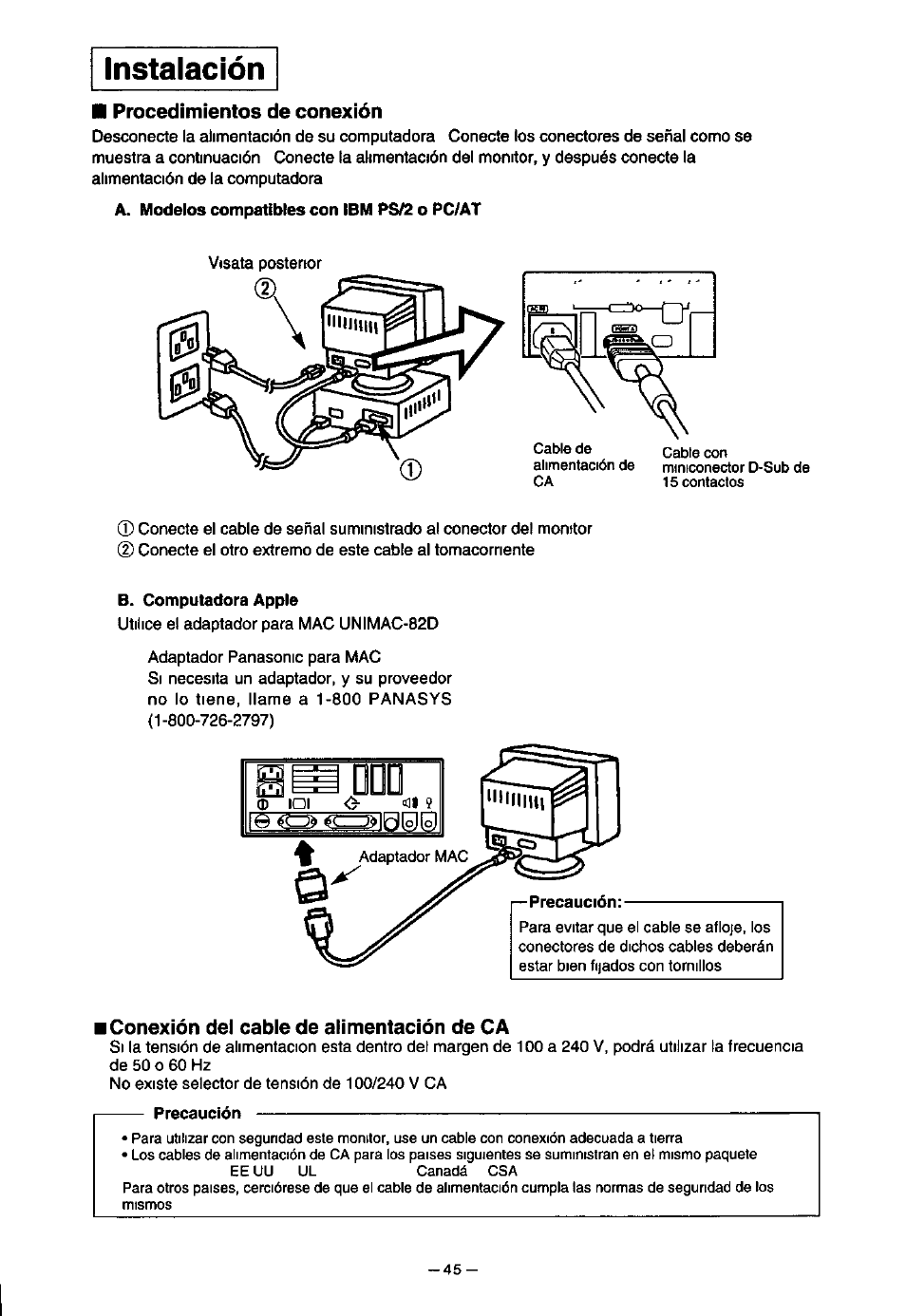 Instalación, B. computadora apple, Precaución | Panasonic PanaSync S70 User Manual | Page 50 / 65