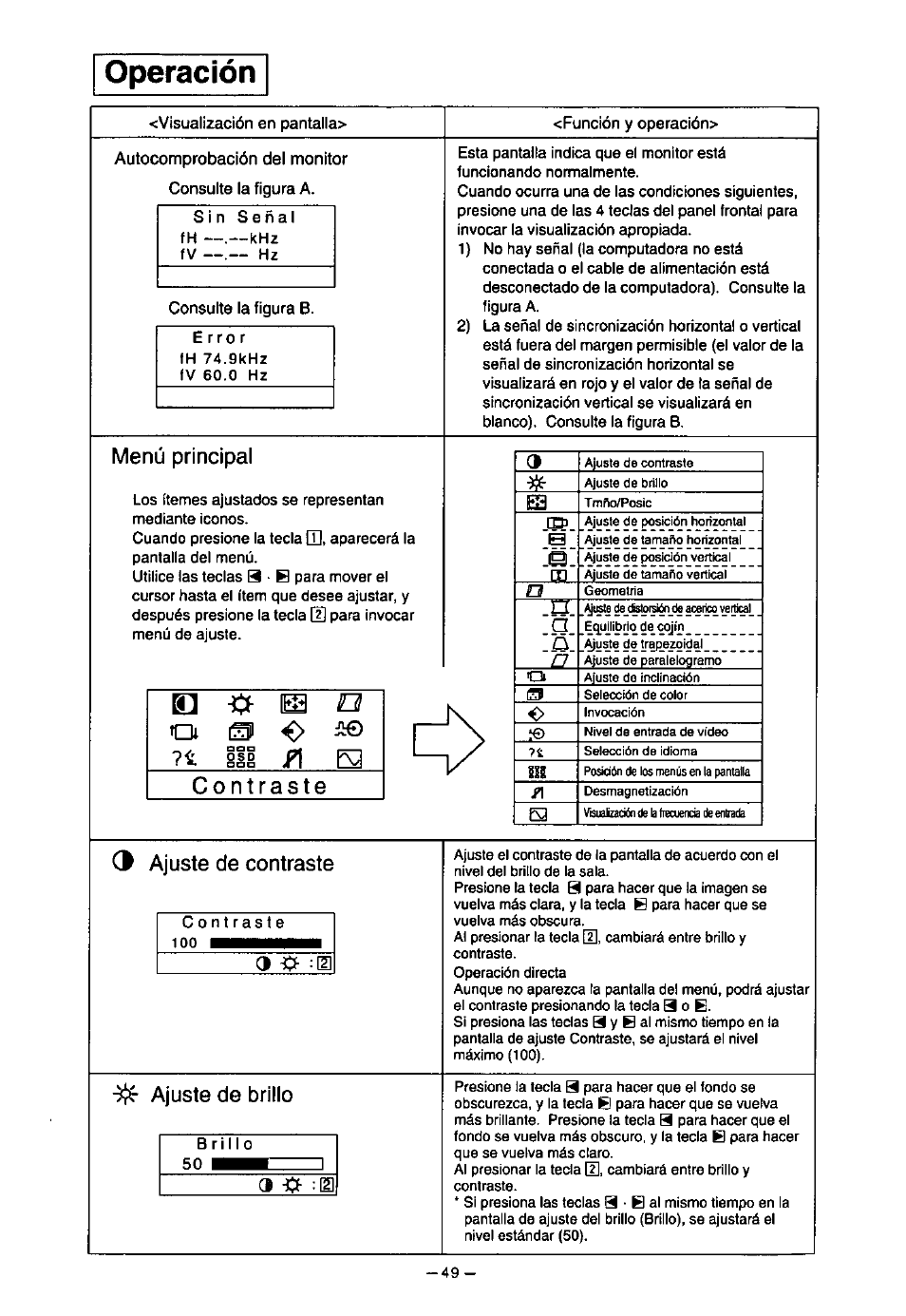 Operación, Menú principal, Ajuste de contraste | Ajuste de brillo | Panasonic PanaSync S70 User Manual | Page 54 / 65