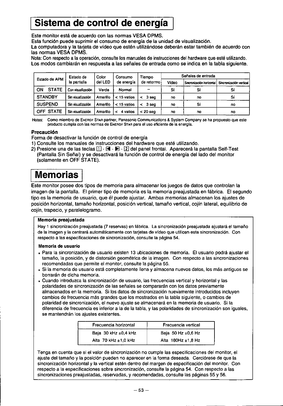 Sistema de control de energia, Sistema de control de energía | Panasonic PanaSync S70 User Manual | Page 58 / 65