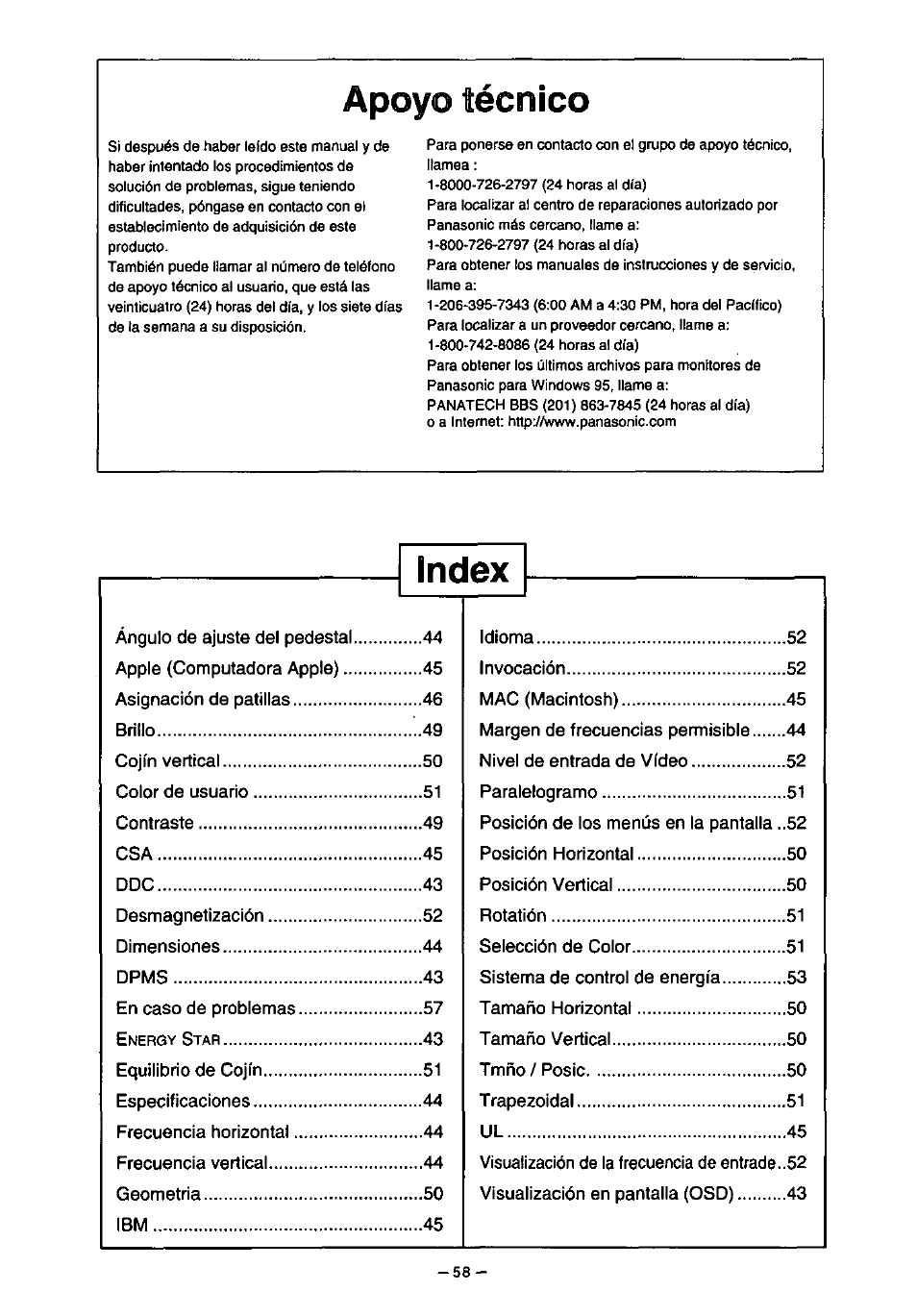 Apoyo técnico | Panasonic PanaSync S70 User Manual | Page 63 / 65