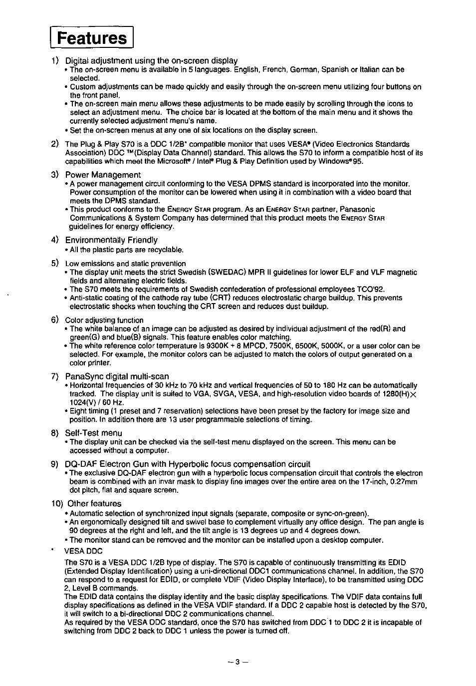 Features | Panasonic PanaSync S70 User Manual | Page 8 / 65