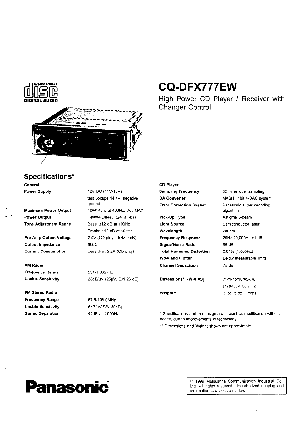 Panasonic CQ-DFX777EW User Manual | 8 pages