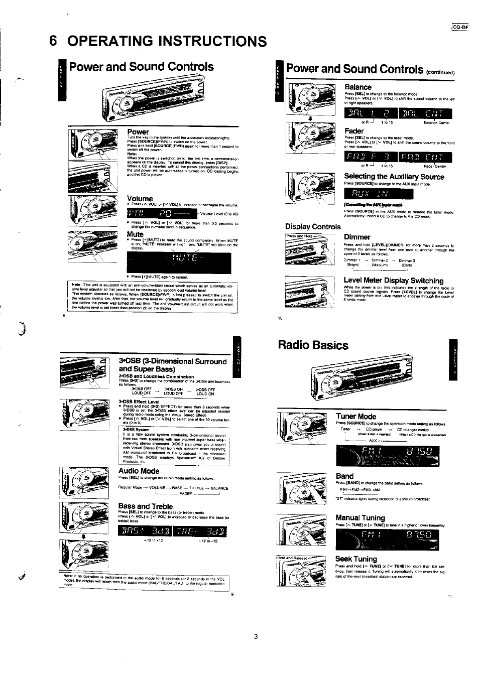H power and sound controls, Power, Volume | Power and sound controls, Balance, Fader, Selecting the auxiliary source, 3«dsb (3-dimensional surround and super bass), Bass and treble, Radio basics | Panasonic CQ-DFX777EW User Manual | Page 2 / 8