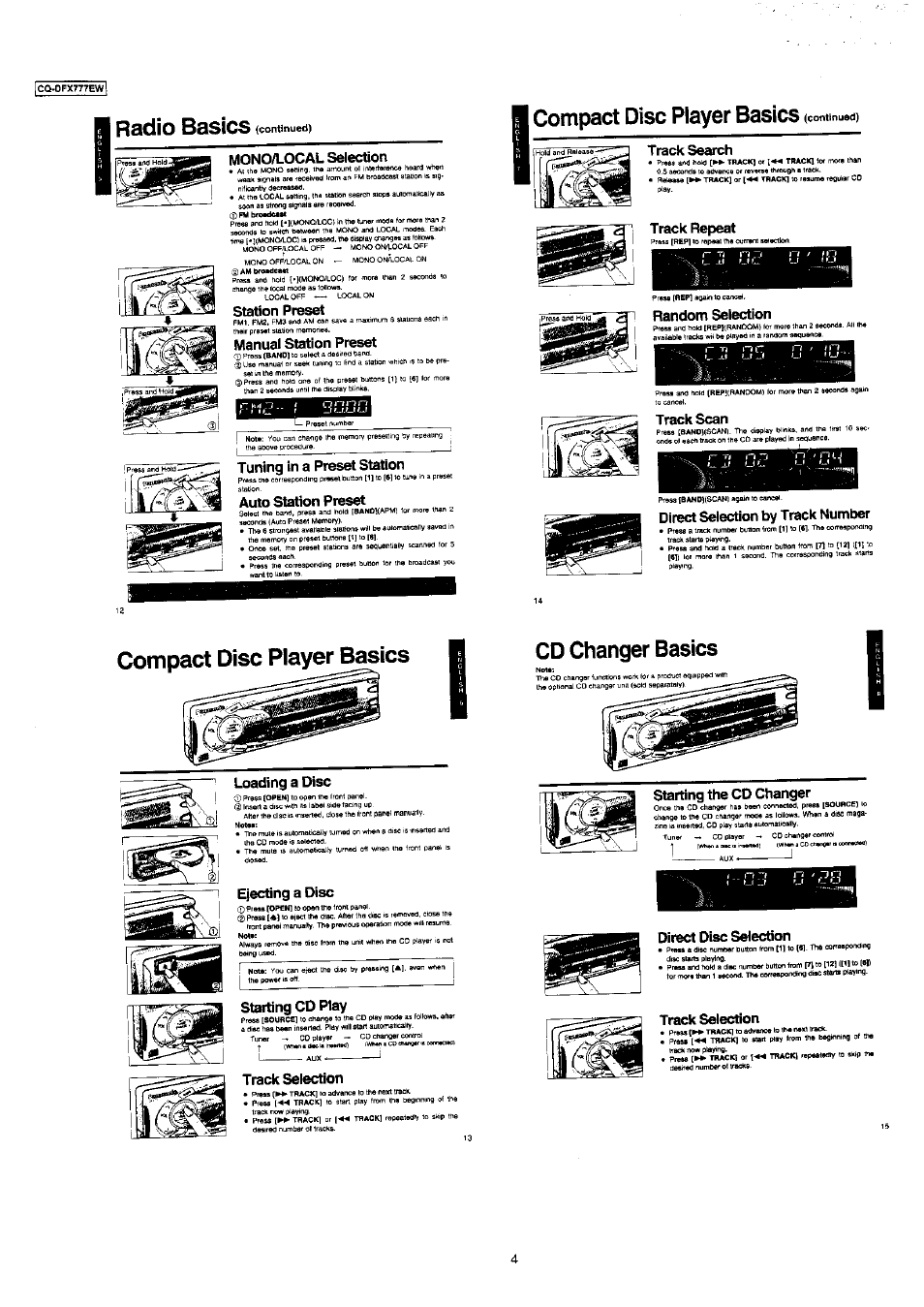 Radio basics, Mono/local selection, Tuning in a preset station | Compact disc player basics (continued), Compact disc player basics, Loading a disc, Ejecting a disc, Starting cd play, Cd changer basics, Starting the cd changer | Panasonic CQ-DFX777EW User Manual | Page 3 / 8
