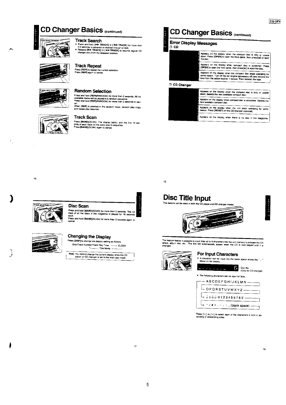 Track search, Random selection, Track scan | Cd changer basics, Error display messages, Disc scan, Disc title input | Panasonic CQ-DFX777EW User Manual | Page 4 / 8