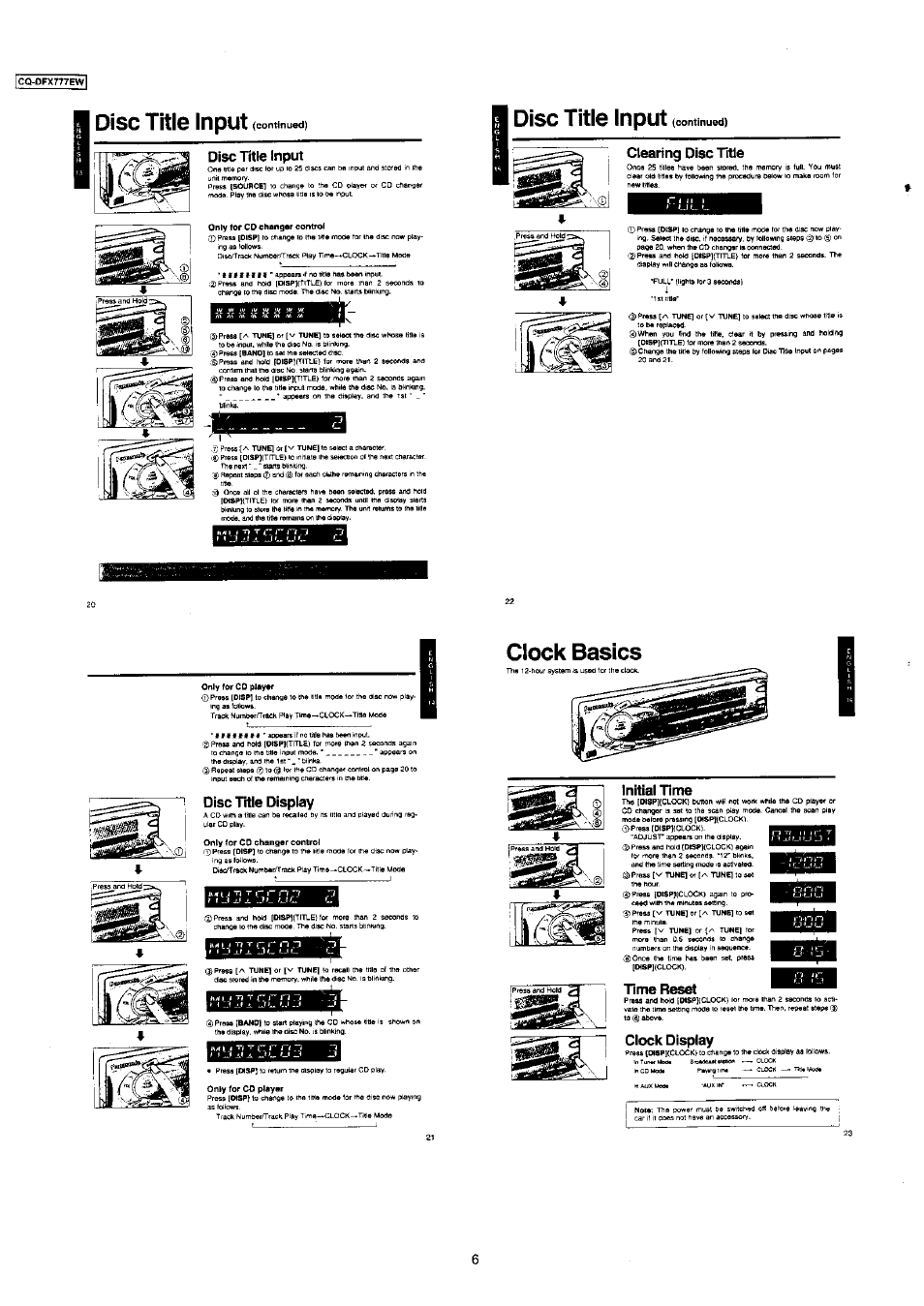 Disc title input, Clearing disc title, Clock basics | Initial time, Time reset, Disc title display, Clock display | Panasonic CQ-DFX777EW User Manual | Page 5 / 8