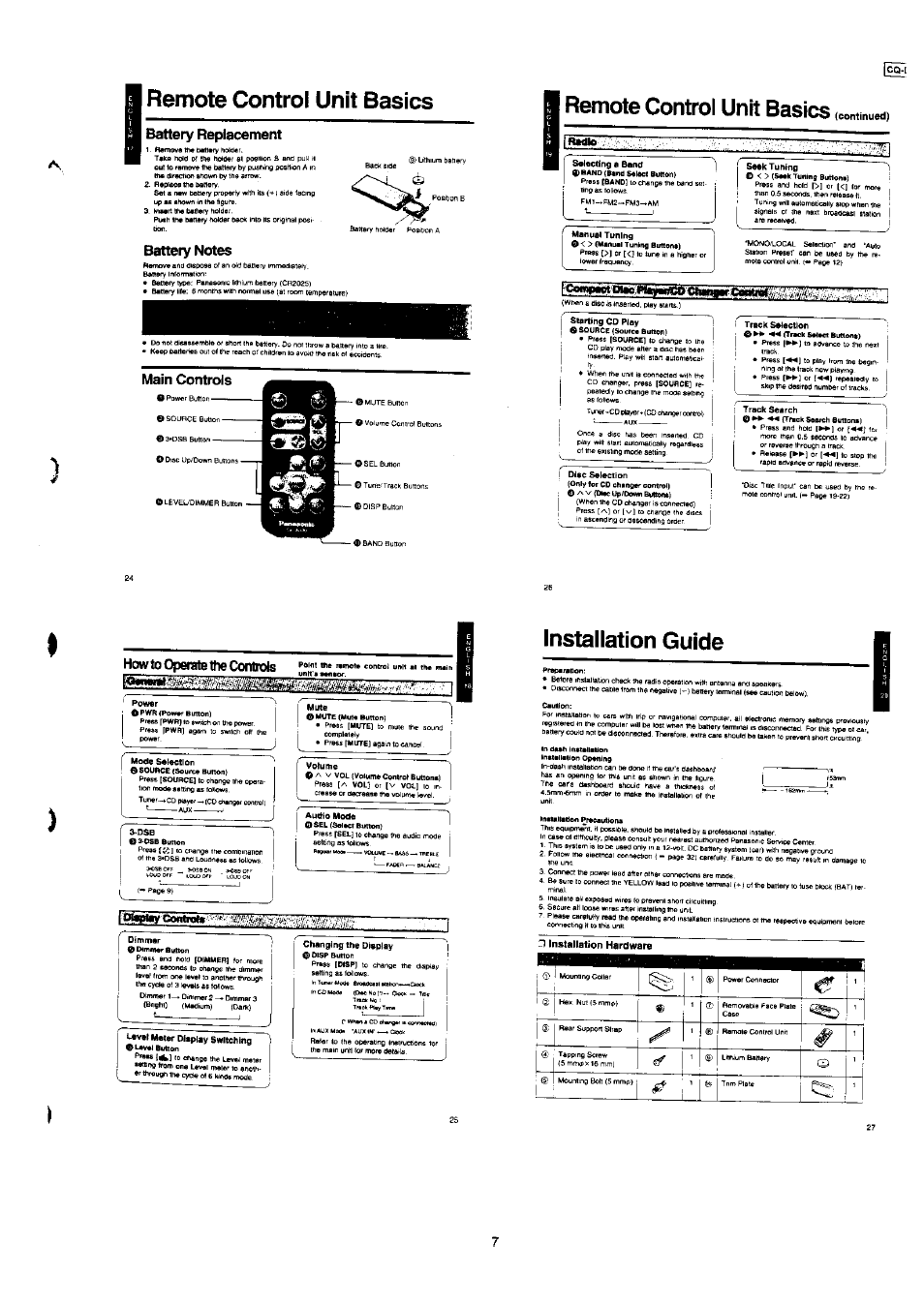 Remote control unit basics, Installation guide, Battery replacement | Main controls, How to operate the controls | Panasonic CQ-DFX777EW User Manual | Page 6 / 8