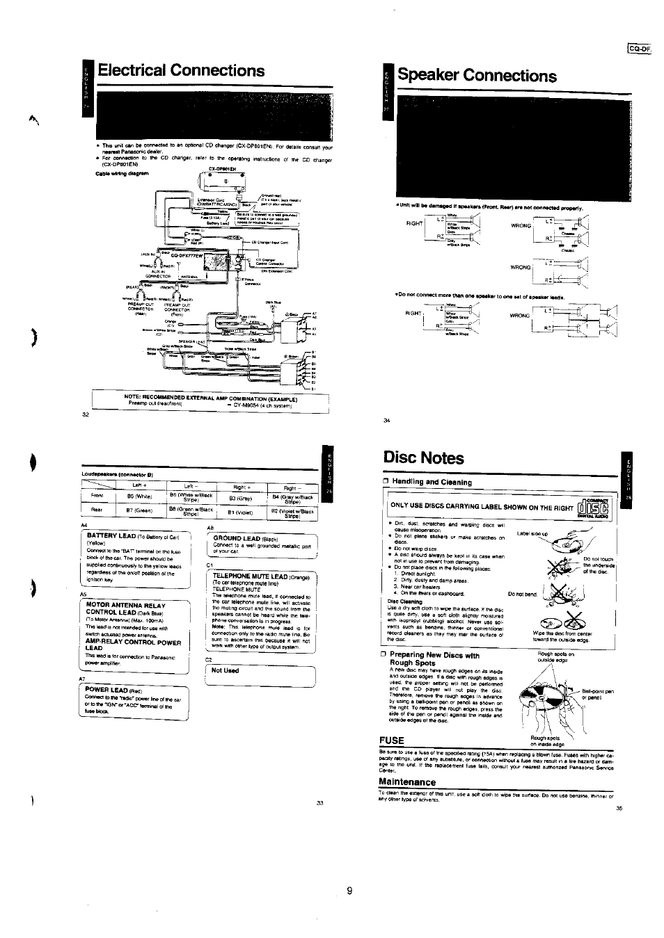 Electrical connections, Speaker connections, Disc notes | Maintenance, Electrical connections speaker connections ) | Panasonic CQ-DFX777EW User Manual | Page 8 / 8
