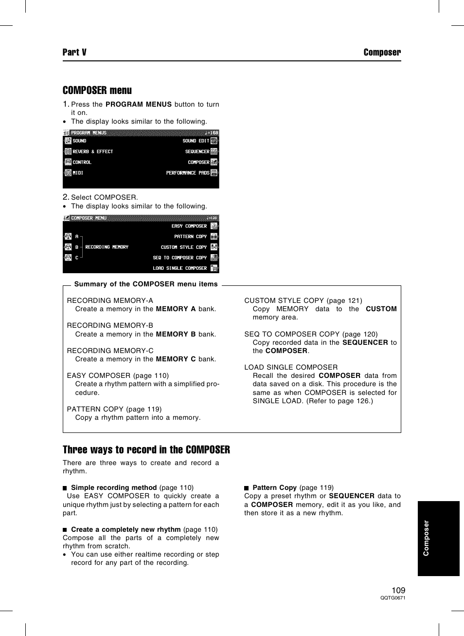 Composer menu, Three ways to record in the composer, Part v composer | Panasonic SX-KN7000 User Manual | Page 109 / 211