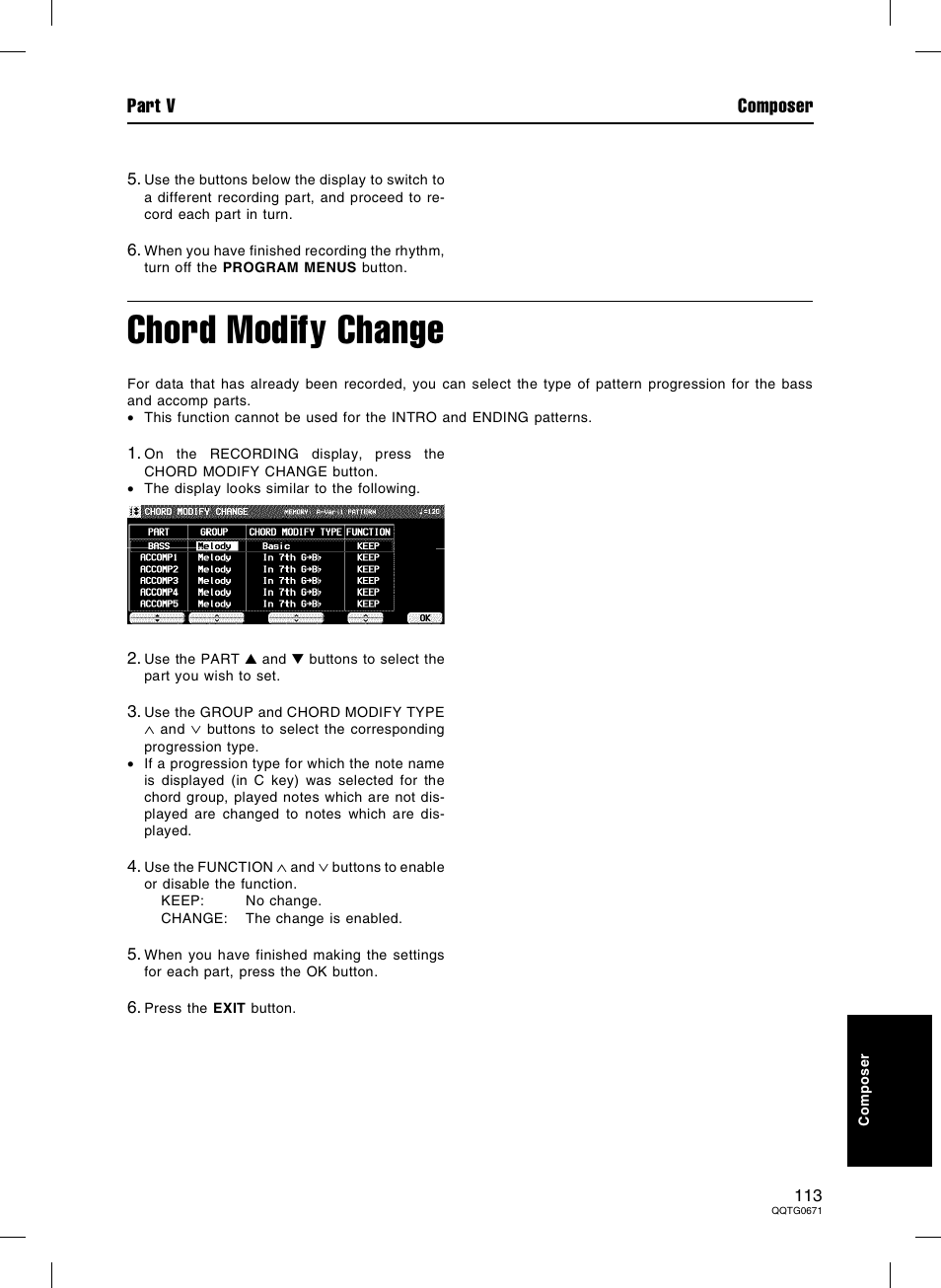 Chord modify change, Part v composer | Panasonic SX-KN7000 User Manual | Page 113 / 211