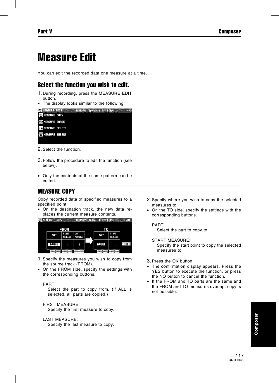 Measure edit, Select the function you wish to edit, Measure copy | Part v composer | Panasonic SX-KN7000 User Manual | Page 117 / 211