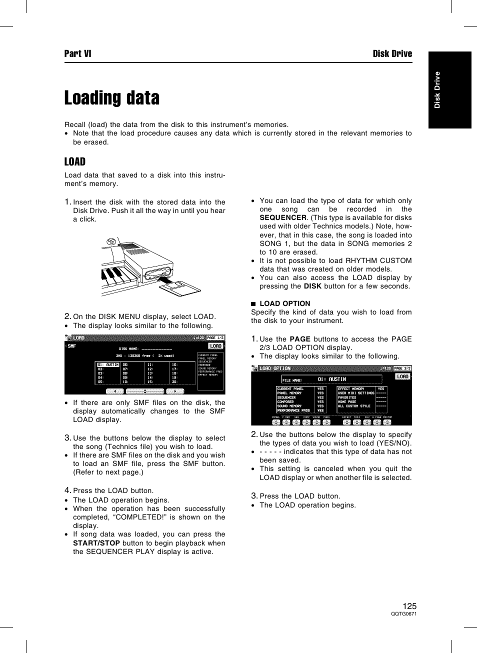 Loading data, Load, Part vi disk drive | Panasonic SX-KN7000 User Manual | Page 125 / 211