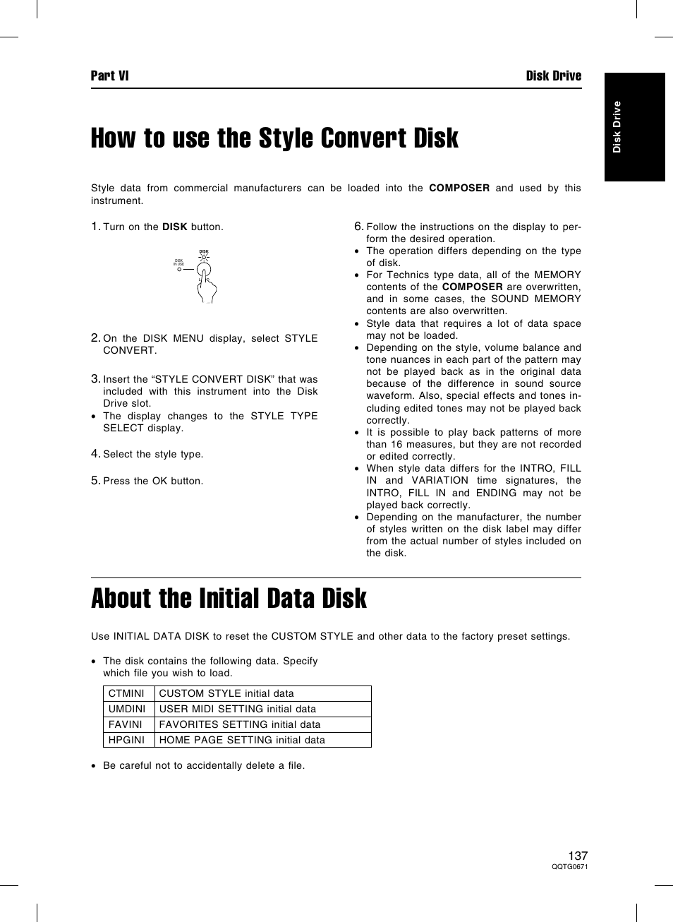 How to use the style convert disk, About the initial data disk, Part vi disk drive | Panasonic SX-KN7000 User Manual | Page 137 / 211