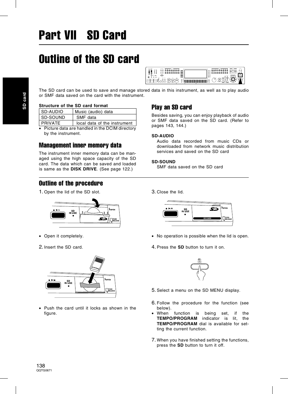 Part vii sd card, Outline of the sd card, Play an sd card | Outline of the procedure | Panasonic SX-KN7000 User Manual | Page 138 / 211