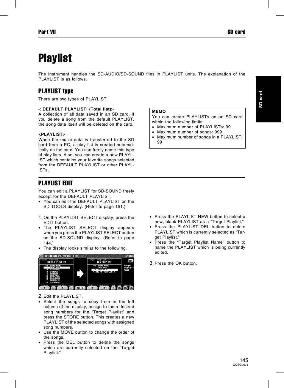 Playlist, Playlist type, Playlist edit | Part vii sd card | Panasonic SX-KN7000 User Manual | Page 145 / 211