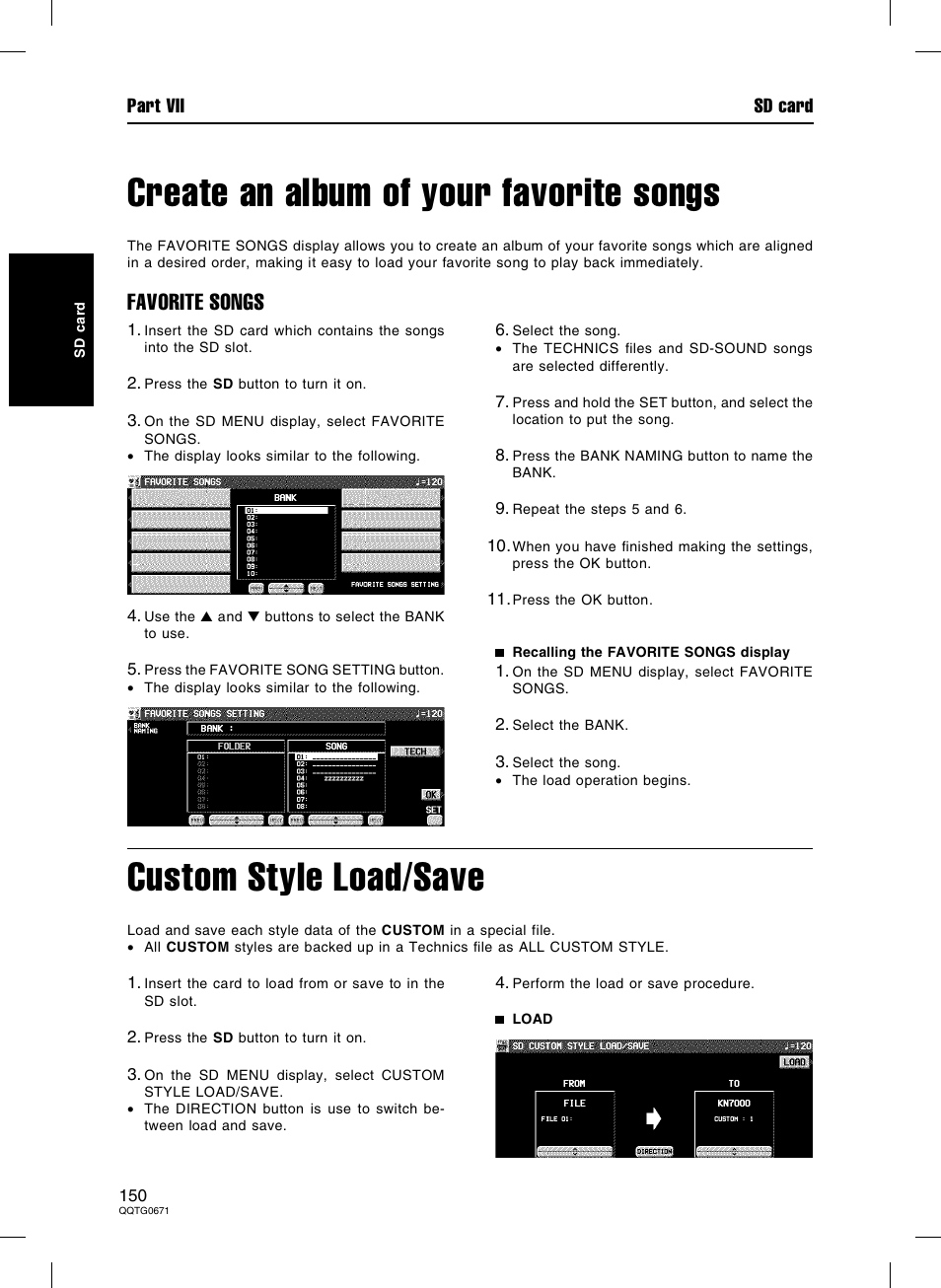 Create an album of your favorite songs, Custom style load/save, Favorite songs | Panasonic SX-KN7000 User Manual | Page 150 / 211