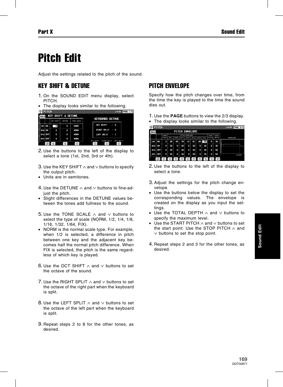 Pitch edit, Key shift & detune, Pitch envelope | Part x sound edit | Panasonic SX-KN7000 User Manual | Page 169 / 211