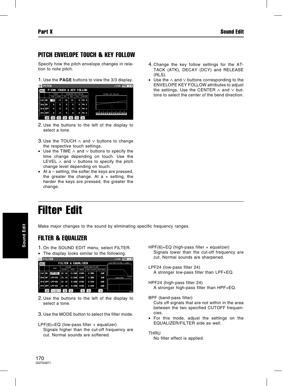 Filter edit, Pitch envelope touch & key follow, Filter & equalizer | Part x sound edit | Panasonic SX-KN7000 User Manual | Page 170 / 211