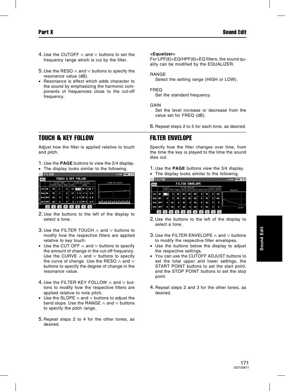 Touch & key follow, Filter envelope, Part x sound edit | Panasonic SX-KN7000 User Manual | Page 171 / 211