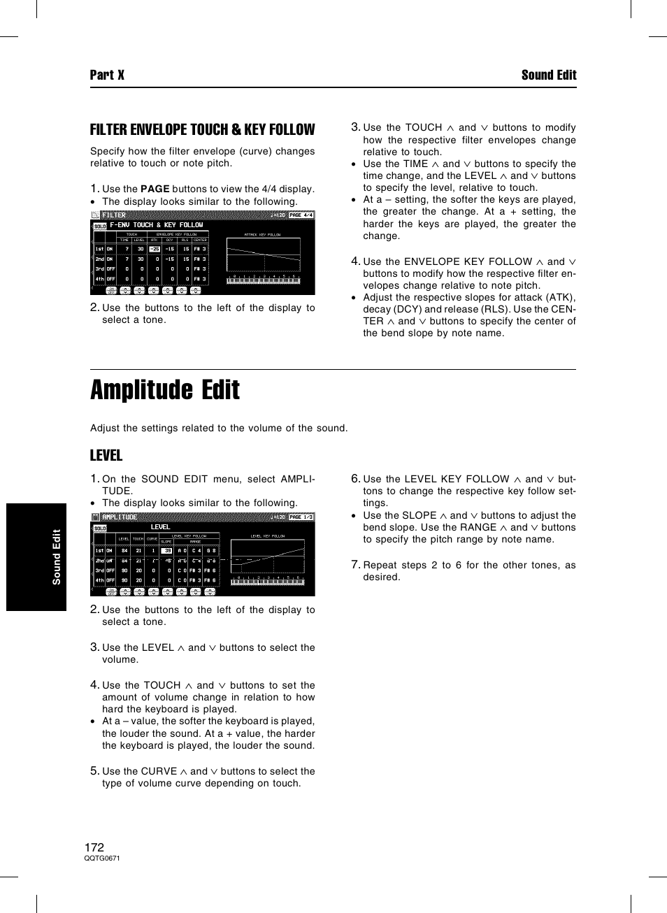 Amplitude edit, Filter envelope touch & key follow, Level | Part x sound edit | Panasonic SX-KN7000 User Manual | Page 172 / 211