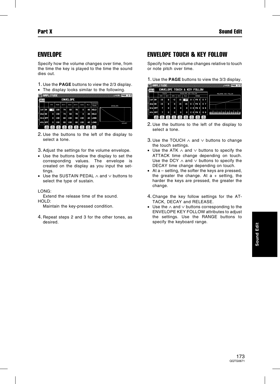 Envelope, Envelope touch & key follow, Part x sound edit | Panasonic SX-KN7000 User Manual | Page 173 / 211