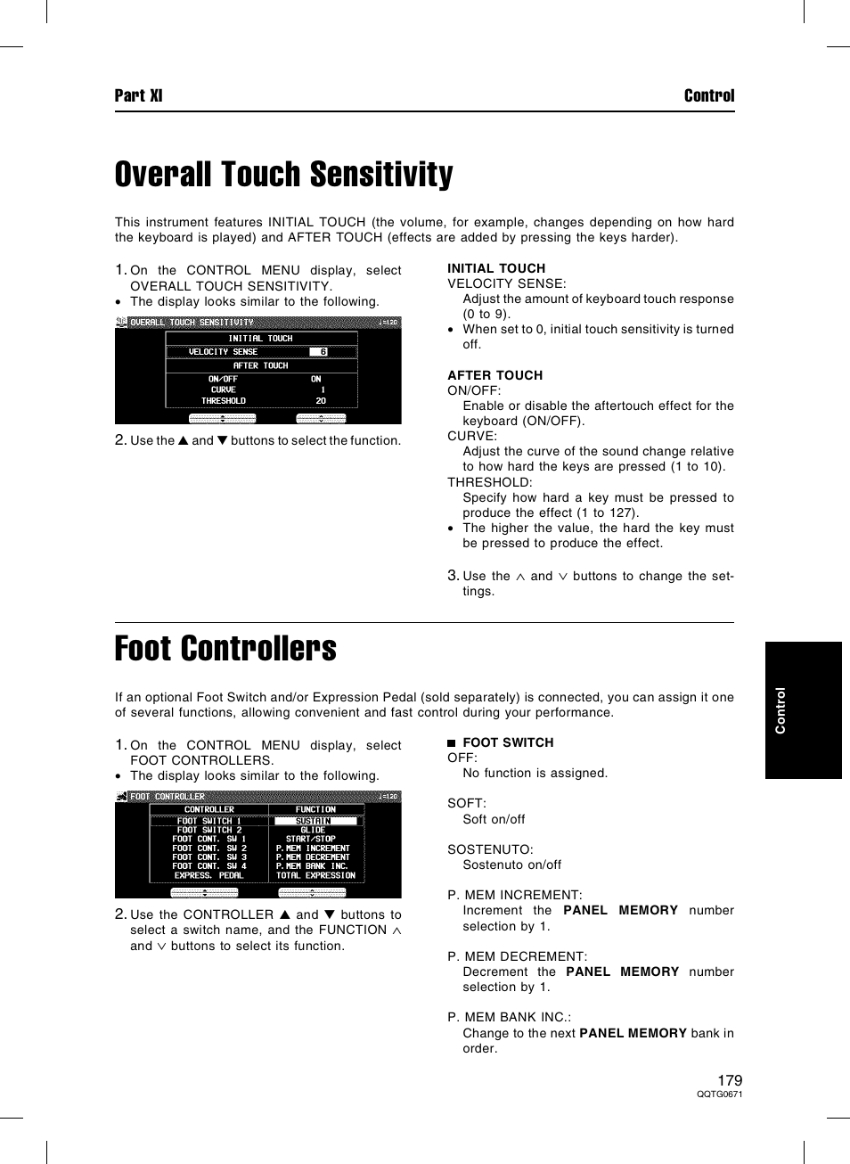 Overall touch sensitivity, Foot controllers, Part xi control | Panasonic SX-KN7000 User Manual | Page 179 / 211