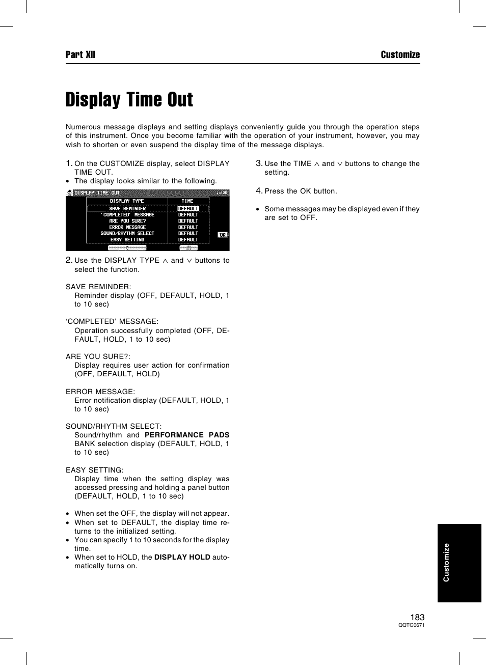 Display time out, Part xii customize | Panasonic SX-KN7000 User Manual | Page 183 / 211