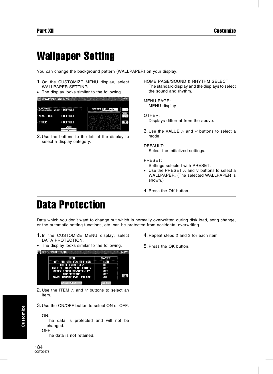 Wallpaper setting, Data protection | Panasonic SX-KN7000 User Manual | Page 184 / 211
