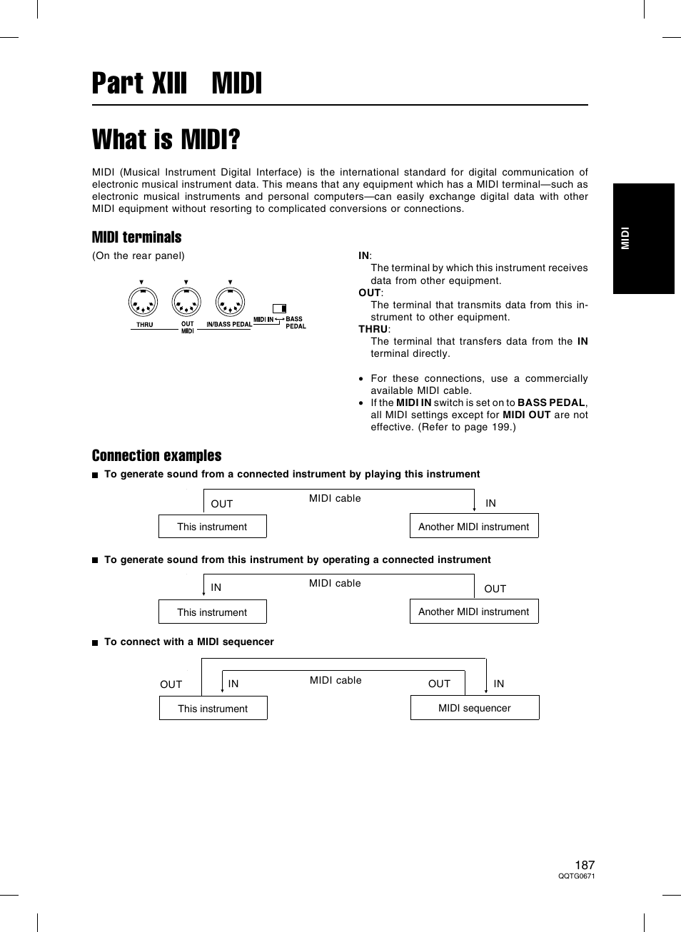 Part xiii midi, What is midi, Midi terminals | Connection examples | Panasonic SX-KN7000 User Manual | Page 187 / 211