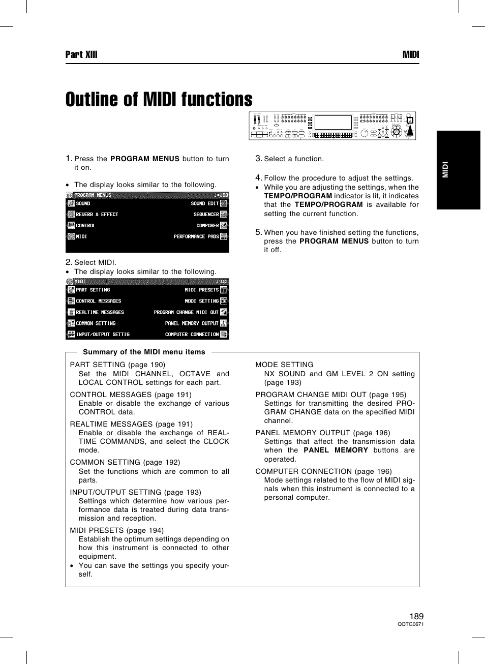 Outline of midi functions, Part xiii midi | Panasonic SX-KN7000 User Manual | Page 189 / 211