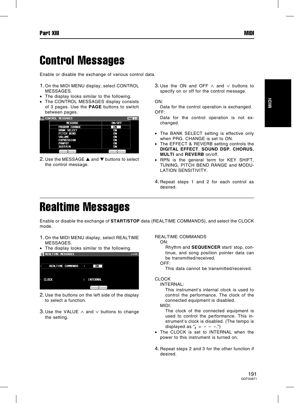 Control messages, Realtime messages, Part xiii midi | Panasonic SX-KN7000 User Manual | Page 191 / 211