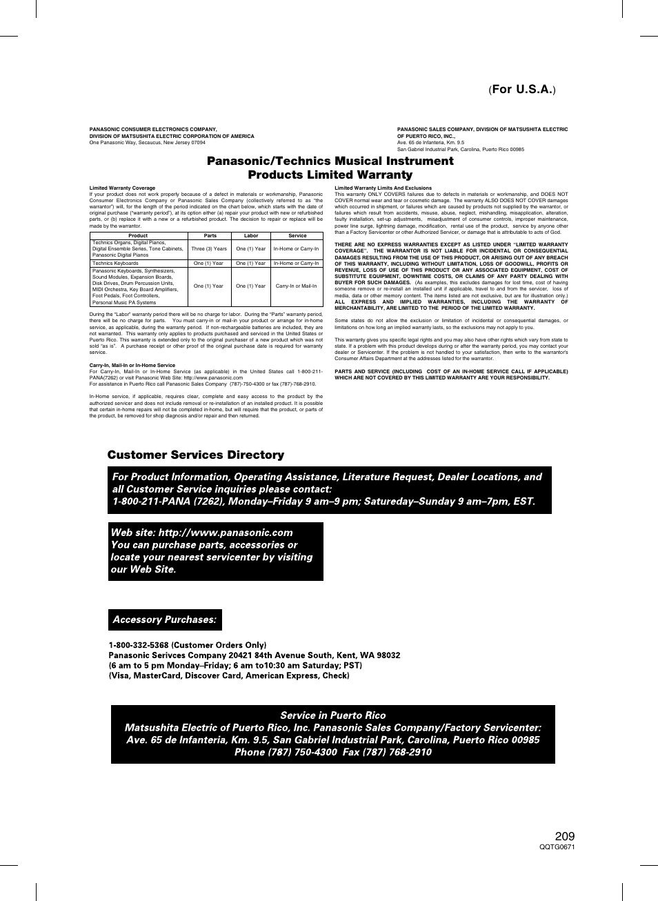 Customer services directory, For u.s.a | Panasonic SX-KN7000 User Manual | Page 209 / 211