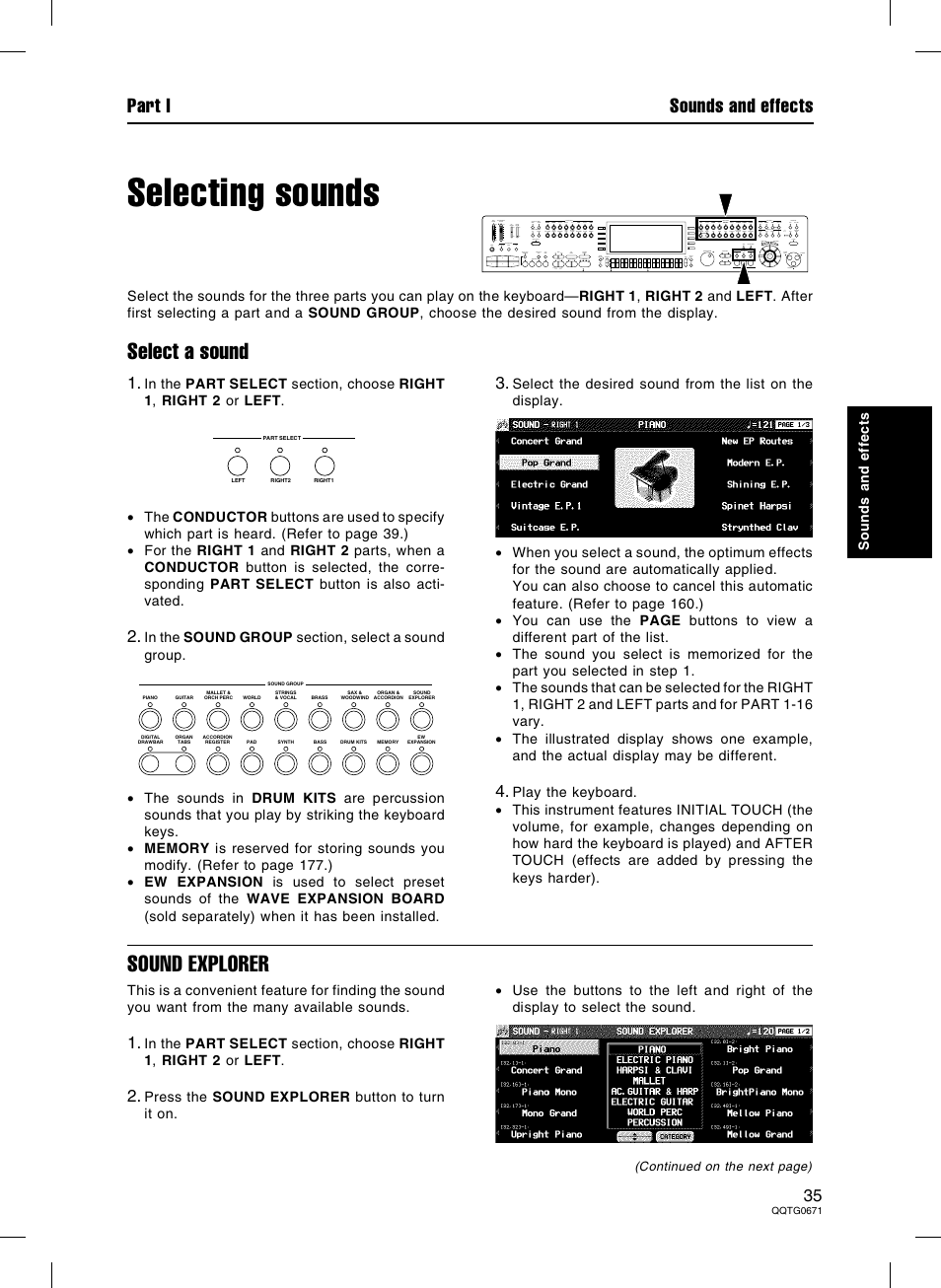 Selecting sounds, Select a sound, Sound explorer | Part i sounds and effects | Panasonic SX-KN7000 User Manual | Page 35 / 211