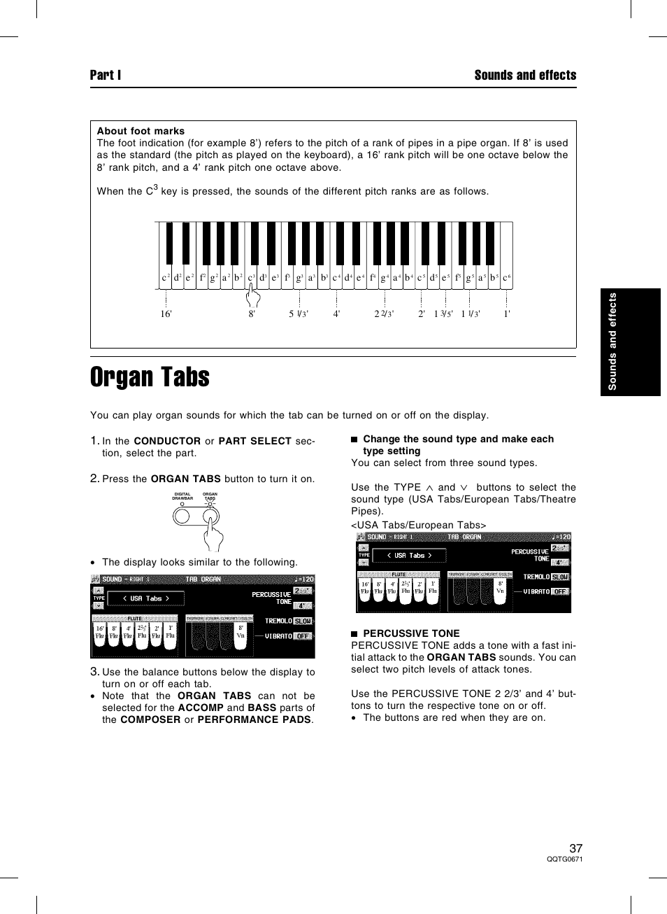 Organ tabs, Part i sounds and effects | Panasonic SX-KN7000 User Manual | Page 37 / 211