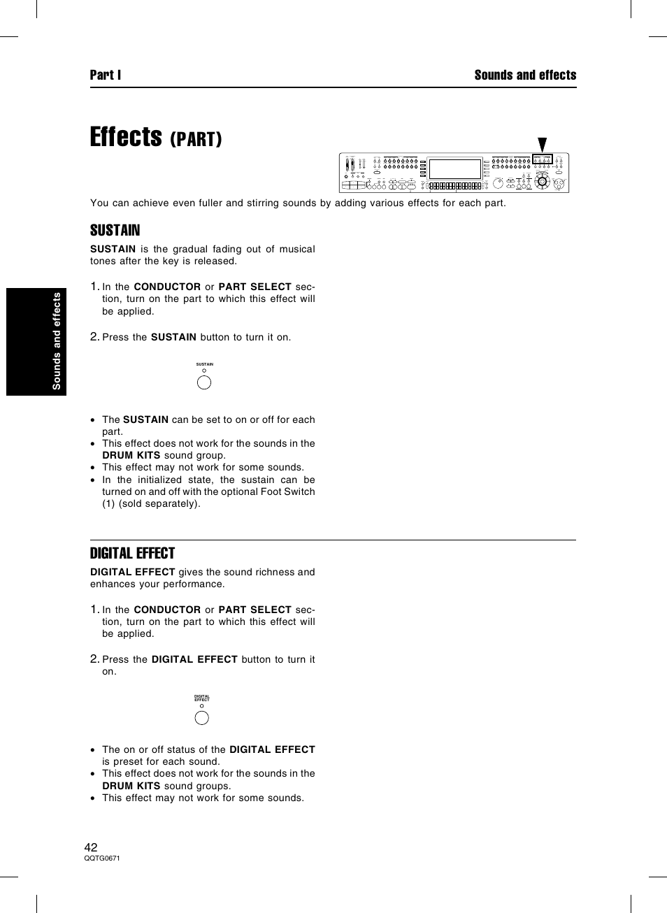 Effects, Part), Sustain | Digital effect, Part i sounds and effects | Panasonic SX-KN7000 User Manual | Page 42 / 211