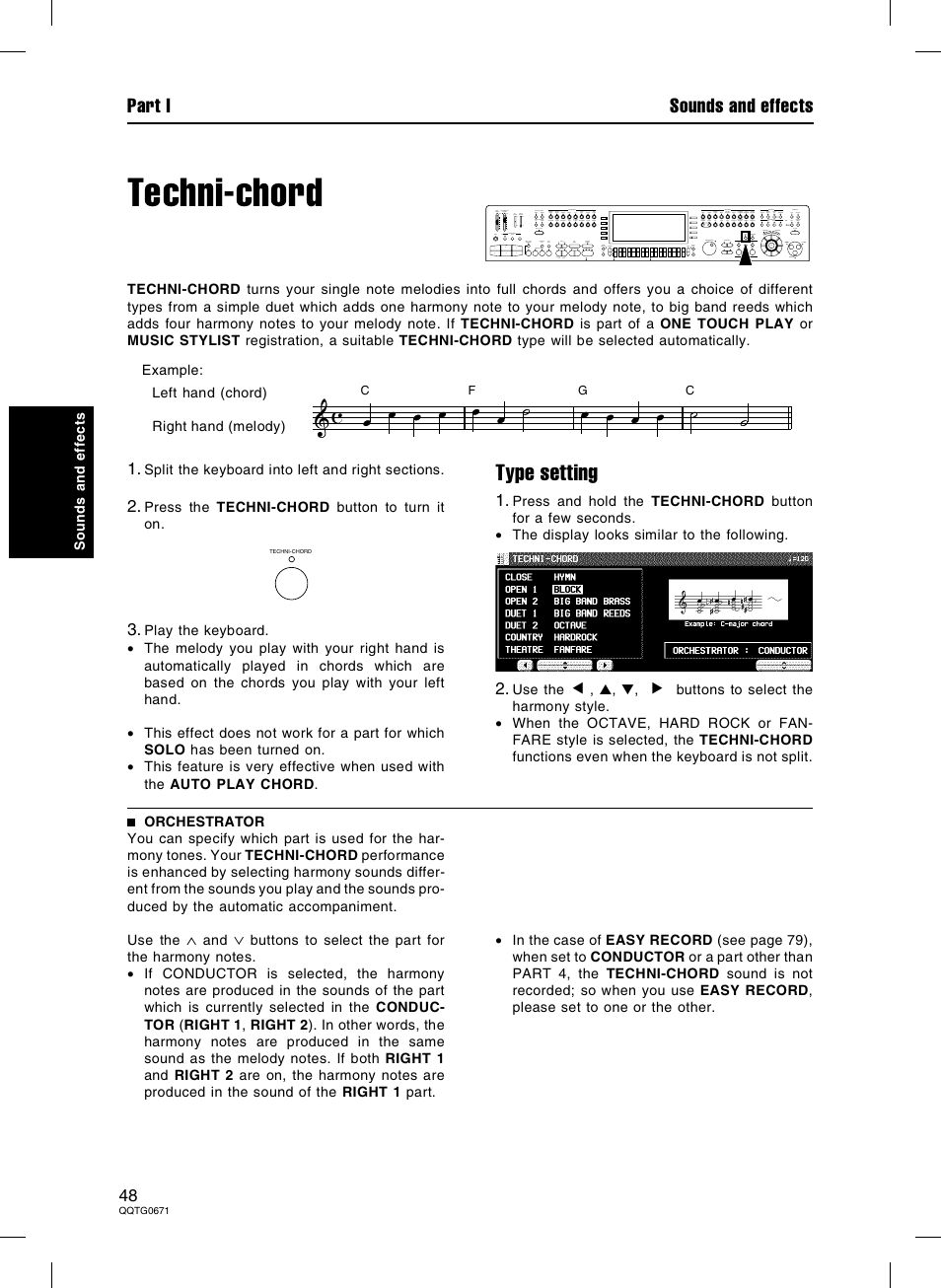 Techni-chord, Type setting, Part i sounds and effects | Panasonic SX-KN7000 User Manual | Page 48 / 211