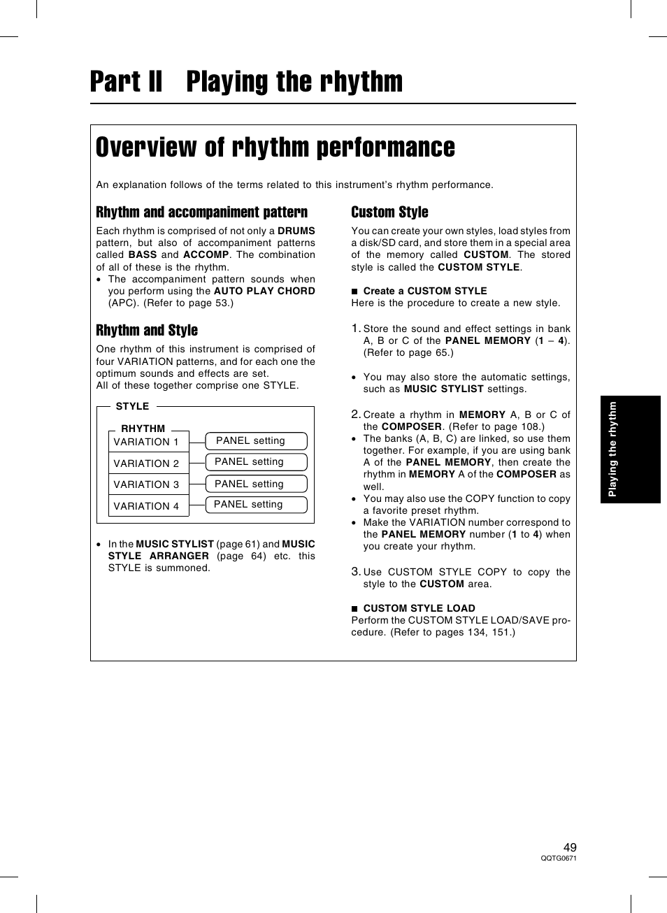 Part ii playing the rhythm, Overview of rhythm performance, Rhythm and accompaniment pattern | Rhythm and style, Custom style | Panasonic SX-KN7000 User Manual | Page 49 / 211